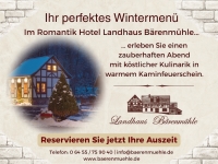 Das Romantik Hotel Landhaus Bärenmühle bietet mit seinen individuell gestalteten Zimmern und dem knisternden Kaminfeuer den idealen Rückzugsort für erholsame Wintertage fernab vom Alltag.