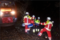 Feuerwehr und Rettungsdienst an der Einsatzstelle im Wald. Sie versorgten den Zugführer und betreuten die Fahrgäste nach dem Unfall. 