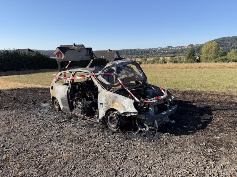 Feuerwehrkräfte aus Allendorf und Rennertehausen bekämpften am 13. August 2026 den Fahrzeugbrand und das auf die Wiese übergegriffene Feuer.