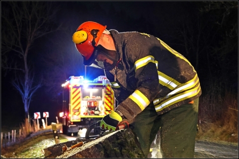 Die Feuerwehr Schüllar-Wemlighausen musste am Dödesberg an der B480 einen Baum fällen, der in Schieflage geraten war. 