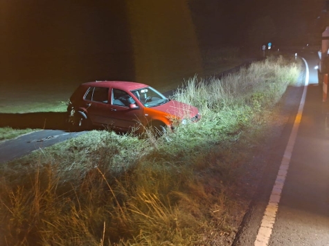Der rote VW Golf IV landete am 25. August 2026 nach einem Ausweichmanöver auf der L 3073 im Straßengraben.