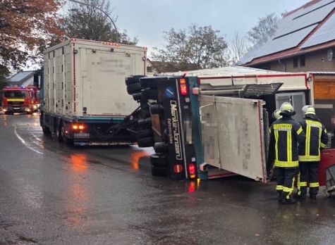 Am 27. Oktober 2025 kippte in Helmern ein Schweineanhänger um.
