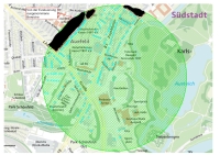 Karte des Evakuierungsradius – 500-Meter-Zone rund um das Auestadion; betroffene Bereiche grün schraffiert, ausgenommene Zonen schwarz markiert.