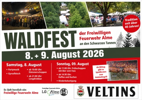 Die Löschgruppe Alme lädt am 8. und 9. August 2026 zum traditionellen Waldfest an den Schwarzen Tannen ein.