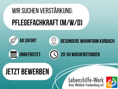 Lebenshilfe-Werk Waldeck-Frankenberg e.V. sucht Pflegefachkraft (m/w/d)