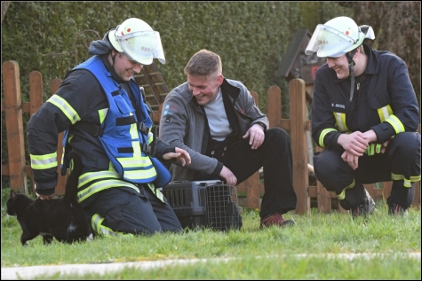 Feuerwehr und Dachdeckermeister retteten die Katze aus der seit Stunden hilflosen Lage