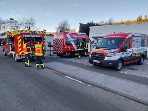 Lagekoordination im Einsatzleitwagen: Simulation 15. Oktober 2025 mit Funkkonzept und Drohnenbild.