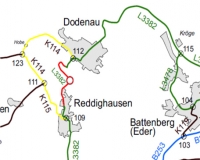 Straßensperrung auf der L 3382 zwischen Dodenau und Reddighausen. 