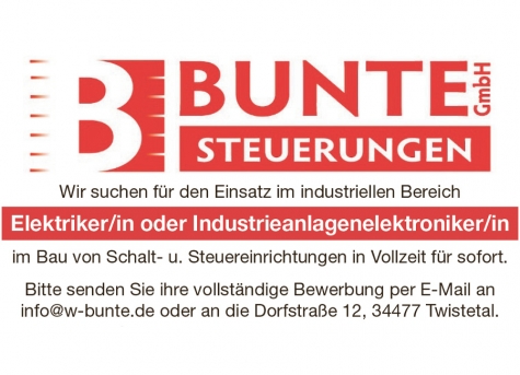 Die Bunte Steuerungen GmbH sucht derzeit einen Elektroinstallateur (m/w/d). Jetzt bewerben!