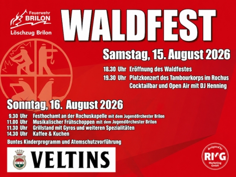 Rund um die Rochuskapelle lädt der Löschzug Brilon am 15. und 16. August 2026 zum traditionellen Waldfest ein