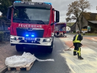 Auf der B 236 streuten Einsatzkräfte am 25. September 2025 großflächig Bindemittel, nachdem ein Lastwagen Diesel verloren hatte.