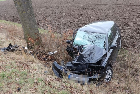 Die Front des Skoda Fabia wurde bei der Kollision mit einem Baum am 25.02.2026 im Bereich der K 15 massiv beschädigt.