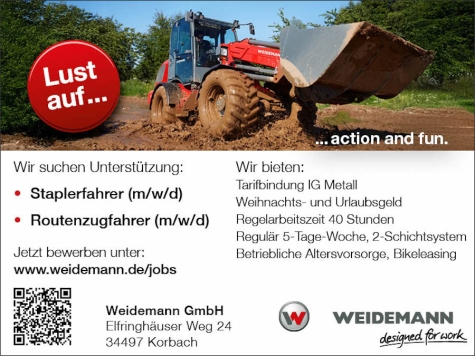Die Weidemann GmbH in Korbach bietet attraktive Stellen für Staplerfahrer und Routenzugfahrer – jetzt online bewerben.