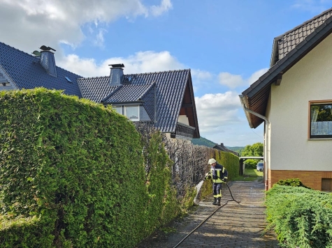 Die brennende Hecke befand sich nahe an Gebäuden. Ein Übergreifen der Flammen konnte verhindert werden.