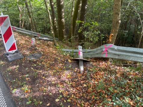 Auf der L 3296 zwischen dem Gershäuser Hof und Bad Zwesten wurden in der Nacht zum 24. August 2026 mehrere Leitplankenfelder und fünf Bäume beschädigt.